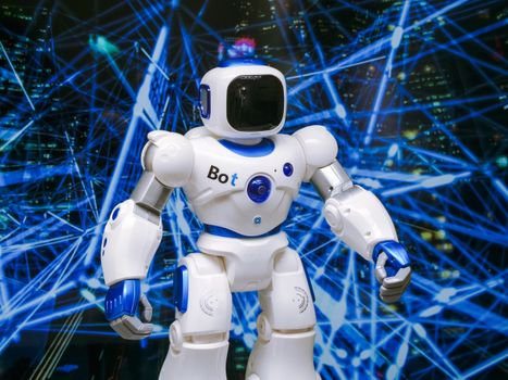 pexels photo 8566470 8566470 Advanced humanoid robot with glowing blue accents in a digital network setting.